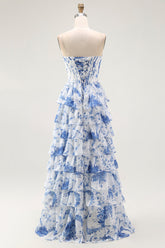 Blau Weiß Blumen Langes A-Linie Gestuftes Korsett Ballkleid mit Schlitz